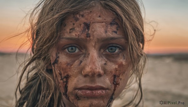 1girl,solo,long hair,looking at viewer,blue eyes,blonde hair,brown hair,1boy,closed mouth,male focus,outdoors,parted lips,sky,teeth,blurry,lips,blood,depth of field,blurry background,portrait,blood on face,realistic,dirty,dirty face,facial hair,ocean,beach,messy hair,close-up,sunset,stubble,horizon,sunrise