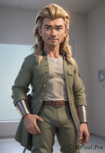 solo,long hair,looking at viewer,blue eyes,blonde hair,shirt,long sleeves,1boy,standing,jacket,white shirt,braid,male focus,cowboy shot,parted lips,open clothes,belt,pants,artist name,indoors,open jacket,lips,grey eyes,facial hair,thick eyebrows,beard,pocket,green jacket,realistic,nose,brown belt,bracer,brown pants,green pants,closed mouth,collarbone,blurry,coat,blurry background,watermark,scar,web address,open coat,serious