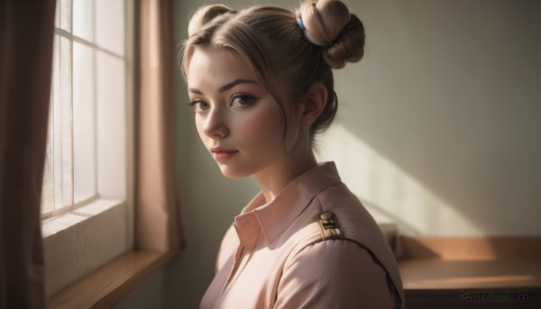 1girl,solo,looking at viewer,short hair,brown hair,shirt,brown eyes,jewelry,closed mouth,white shirt,upper body,earrings,collared shirt,indoors,hair bun,blurry,uniform,from side,lips,military,window,double bun,military uniform,sunlight,curtains,freckles,realistic,nose,stud earrings,policewoman,smile,portrait