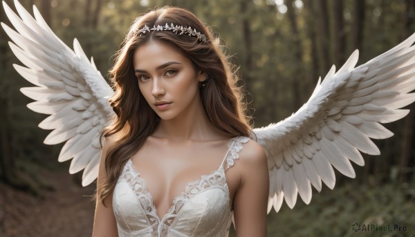 1girl,solo,long hair,breasts,looking at viewer,smile,brown hair,dress,cleavage,bare shoulders,brown eyes,jewelry,medium breasts,collarbone,upper body,earrings,outdoors,parted lips,wings,white dress,blurry,lips,depth of field,blurry background,veil,feathered wings,angel wings,realistic,white wings,angel,head wreath,tiara