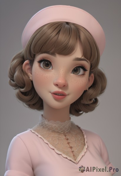 1girl,solo,breasts,looking at viewer,smile,short hair,bangs,simple background,brown hair,shirt,hat,dress,brown eyes,jewelry,upper body,short sleeves,earrings,parted lips,teeth,grey background,lips,eyelashes,buttons,portrait,pink dress,freckles,curly hair,pink shirt,realistic,nurse cap,nurse,pink headwear,open mouth,gradient background,makeup,blouse,lace,nose