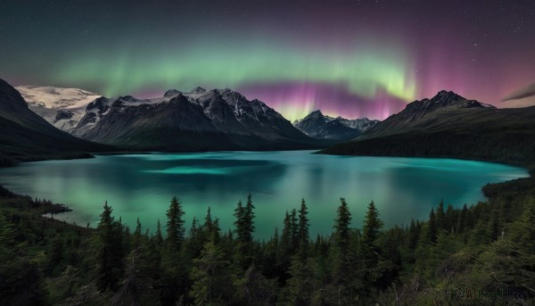 outdoors,sky,cloud,water,tree,no humans,night,star (sky),nature,night sky,scenery,forest,starry sky,reflection,mountain,river,landscape,mountainous horizon,lake,pine tree,aurora