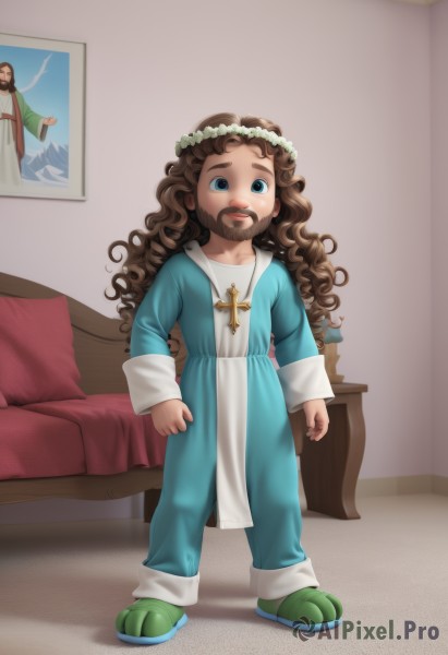 1girl,solo,long hair,looking at viewer,blue eyes,brown hair,long sleeves,1boy,jewelry,standing,full body,flower,male focus,indoors,necklace,pillow,bed,facial hair,on bed,cross,child,beard,curly hair,robe,mustache,slippers,male child,head wreath,bedroom,cross necklace,picture frame,painting (object),smile,latin cross,priest