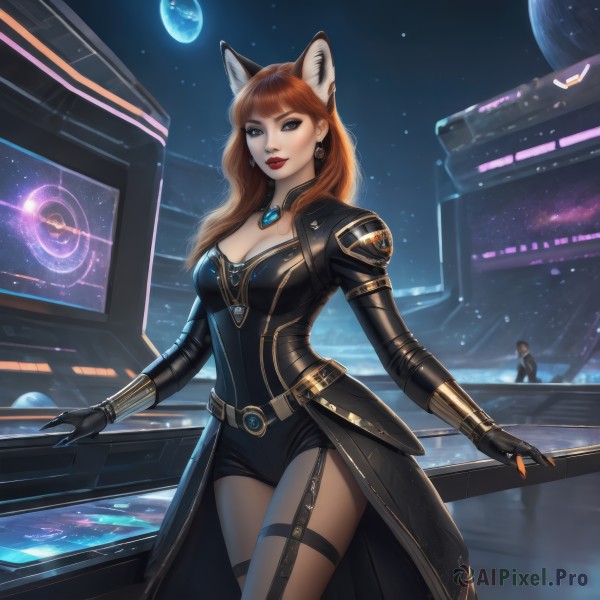 1girl,solo,long hair,breasts,looking at viewer,bangs,blue eyes,large breasts,brown hair,thighhighs,gloves,long sleeves,animal ears,cleavage,jewelry,medium breasts,standing,cowboy shot,earrings,parted lips,shorts,solo focus,black gloves,belt,artist name,cat ears,blunt bangs,lips,fox ears,bodysuit,makeup,garter straps,moon,lipstick,gem,star (sky),science fiction,red lips,space,planet,earth (planet),1boy,red hair,necklace,orange hair,mole,thigh strap,realistic,black bodysuit