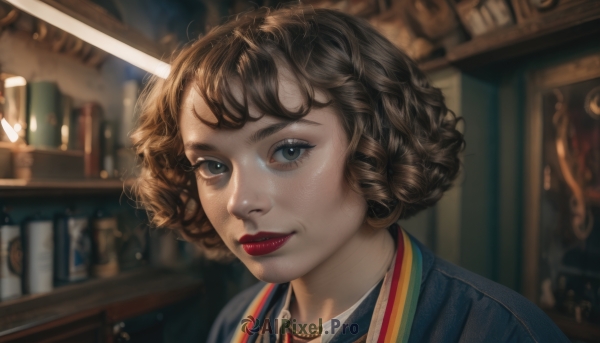 1girl,solo,looking at viewer,smile,short hair,bangs,brown hair,brown eyes,jewelry,closed mouth,upper body,braid,indoors,necklace,blurry,black eyes,lips,book,eyelashes,makeup,depth of field,blurry background,lipstick,portrait,freckles,curly hair,realistic,nose,bookshelf,red lips,black hair,parted lips