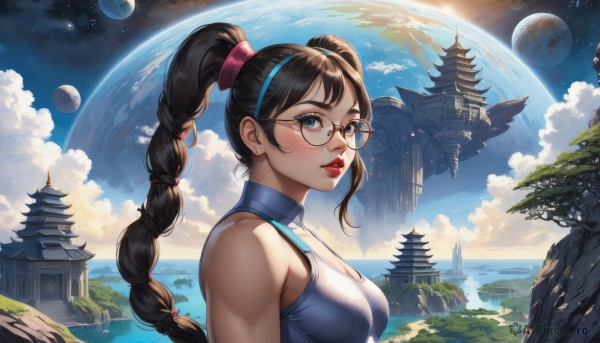 1girl,solo,long hair,breasts,looking at viewer,blush,bangs,blue eyes,brown hair,black hair,cleavage,bare shoulders,twintails,medium breasts,upper body,braid,multicolored hair,hairband,outdoors,parted lips,sky,glasses,sleeveless,day,cloud,water,twin braids,from side,tree,blue sky,lips,clothing cutout,single braid,makeup,muscular,moon,cleavage cutout,star (sky),scenery,braided ponytail,mountain,nose,hair tie,round eyewear,red lips,architecture,blue hairband,east asian architecture,planet,earth (planet),floating island,pagoda,cloudy sky,space,spacecraft