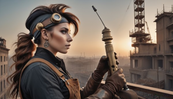 1girl,solo,long hair,brown hair,shirt,gloves,holding,brown eyes,jewelry,upper body,ponytail,weapon,earrings,outdoors,sky,from side,lips,profile,headband,goggles,building,brown gloves,goggles on head,sunset,realistic,nose,bandana,overalls,watercraft,ship,steampunk,black hair,parted lips,eyelashes,scenery,backlighting,leather,industrial pipe