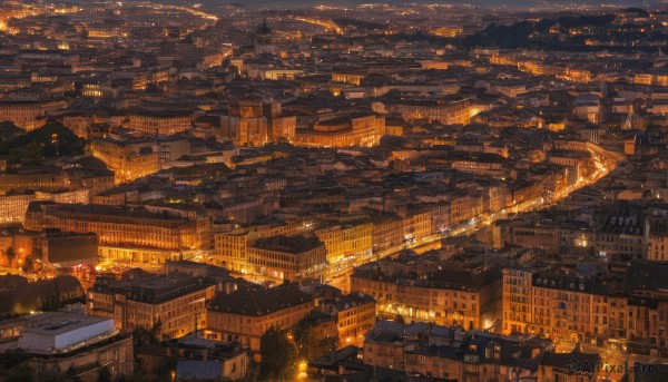 outdoors,no humans,night,from above,building,scenery,city,cityscape,architecture,bridge,river,rooftop,city lights,orange theme,town,sky,tree,window,ground vehicle,motor vehicle,snow,snowing,road,house,lights