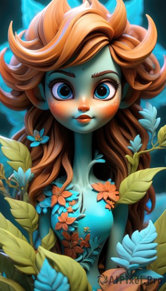 1girl,solo,long hair,breasts,looking at viewer,blush,blue eyes,brown hair,upper body,flower,nude,red hair,small breasts,orange hair,lips,eyelashes,makeup,colored skin,leaf,facial mark,plant,freckles,blue flower,curly hair,blue skin,green skin,no nipples,smile,hair ornament,medium breasts,artist name,hair flower,watermark,web address