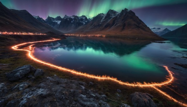 outdoors,sky,water,no humans,night,glowing,star (sky),nature,night sky,scenery,starry sky,reflection,rock,mountain,fantasy,river,landscape,lake,aurora,grass,mountainous horizon