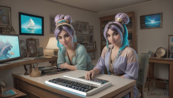 1girl,long hair,breasts,looking at viewer,smile,bangs,multiple girls,2girls,cleavage,brown eyes,medium breasts,sitting,closed mouth,blue hair,collarbone,purple hair,multicolored hair,indoors,hair bun,two-tone hair,dark-skinned female,lips,chair,table,single hair bun,desk,lamp,photo (object),monitor,keyboard (computer),hair ornament,long sleeves,ponytail,pink hair,hairband,teeth,artist name,dark skin,book,paper,dragon,pen,computer,scissors,map,shark,portrait (object)