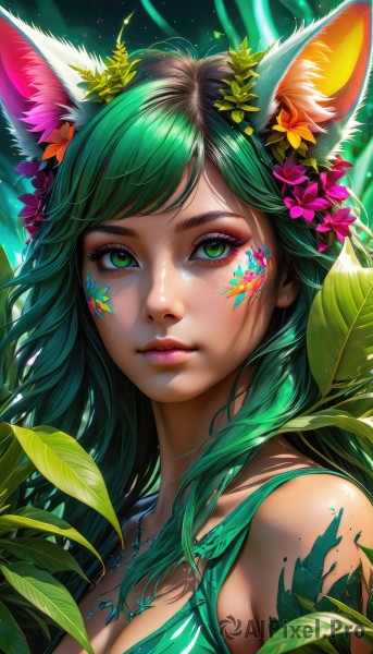 1girl,solo,long hair,breasts,looking at viewer,bangs,large breasts,hair ornament,animal ears,cleavage,bare shoulders,medium breasts,closed mouth,green eyes,collarbone,upper body,flower,green hair,shiny,artist name,cat ears,hair flower,lips,animal ear fluff,fox ears,eyelashes,makeup,swept bangs,leaf,watermark,facial mark,plant,lipstick,portrait,eyeshadow,freckles,pink lips,nose,eyeliner,whisker markings,facepaint,mascara,dress,jewelry,sleeveless,necklace,light particles,yellow flower,purple flower,vines,bodypaint