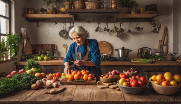 1girl,solo,short hair,shirt,long sleeves,1boy,holding,closed mouth,standing,white hair,grey hair,male focus,food,day,indoors,apron,window,fruit,facial hair,chair,table,sunlight,bottle,blue shirt,knife,plant,beard,sleeves rolled up,bowl,realistic,apple,basket,potted plant,carrot,old,old man,cooking,ladle,kitchen,tomato,vegetable,counter,old woman,eggplant,lettuce,potato,kitchen knife,wrinkled skin,cutting board,onion,smile,hair bun,cup,looking down,single hair bun,holding food,towel,plate,bread,holding fruit,orange (fruit),sleeves pushed up,jar,banana,frying pan,spatula,stove,radish