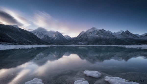 outdoors,sky,day,cloud,water,tree,blue sky,no humans,night,star (sky),nature,scenery,snow,forest,starry sky,reflection,mountain,winter,river,landscape,mountainous horizon,lake,cloudy sky,rock,fog,sunrise,reflective water