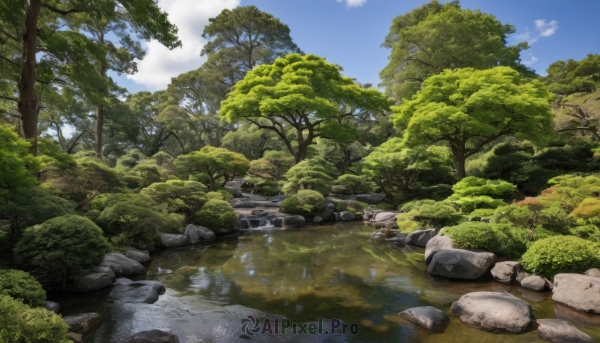 outdoors,sky,day,cloud,water,tree,blue sky,no humans,grass,nature,scenery,forest,rock,river,landscape,stream,cloudy sky,plant,reflection,bush,pond