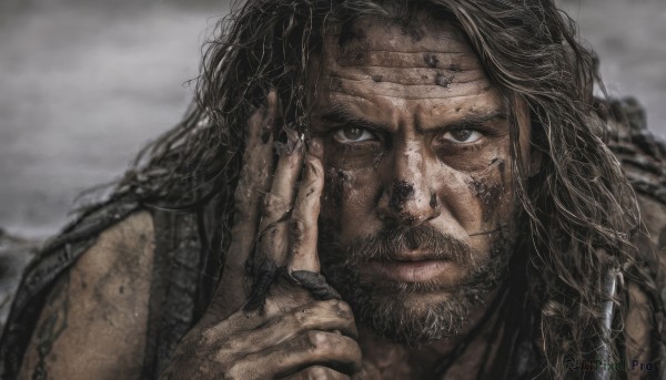 solo,long hair,looking at viewer,brown hair,black hair,1boy,brown eyes,jewelry,closed mouth,male focus,outdoors,solo focus,dark skin,blurry,tattoo,facial hair,dark-skinned male,ring,portrait,beard,realistic,hand on another's face,dirty,dirty face,upper body,messy hair