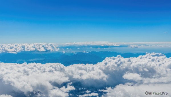 monochrome,outdoors,sky,day,cloud,blue sky,no humans,ocean,cloudy sky,scenery,blue theme,mountain,horizon,landscape,above clouds,water