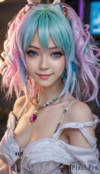 1girl,solo,long hair,breasts,looking at viewer,smile,bangs,blue eyes,shirt,hair ornament,cleavage,bare shoulders,twintails,jewelry,medium breasts,closed mouth,underwear,blue hair,collarbone,upper body,pink hair,multicolored hair,earrings,small breasts,open clothes,necklace,off shoulder,bra,blurry,two-tone hair,lips,eyelashes,aqua hair,gradient hair,makeup,depth of field,blurry background,lipstick,gem,strap slip,pendant,eyeshadow,freckles,white bra,pink lips,realistic,nose,mascara,large breasts,wavy hair