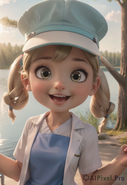 1girl,solo,looking at viewer,blush,smile,open mouth,bangs,blonde hair,shirt,hat,dress,twintails,brown eyes,white shirt,upper body,braid,short sleeves,:d,outdoors,open clothes,sky,teeth,day,cloud,water,blurry,twin braids,tree,blue sky,blurry background,blue dress,blue shirt,child,blue headwear,cabbie hat,female child,long hair,hair ornament,jacket,nail polish,freckles,realistic,overalls