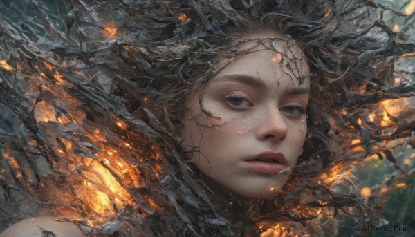 1girl,solo,long hair,looking at viewer,brown hair,black hair,parted lips,water,black eyes,lips,grey eyes,portrait,freckles,realistic,nose,burning,grey hair,blurry,tree,eyelashes,floating hair,thick eyebrows,fire,wind,branch,bare tree