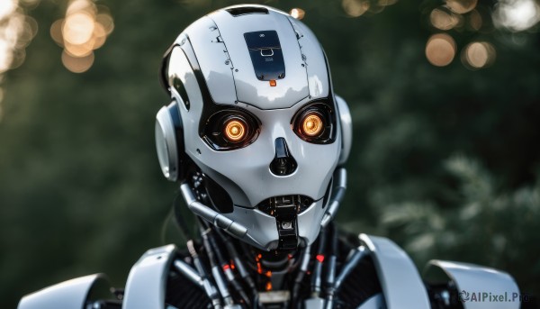 solo,looking at viewer,upper body,blurry,orange eyes,no humans,depth of field,blurry background,glowing,robot,portrait,mecha,1other,science fiction,android,straight-on,bokeh,robot joints,lights,humanoid robot,helmet,glowing eyes,close-up,realistic