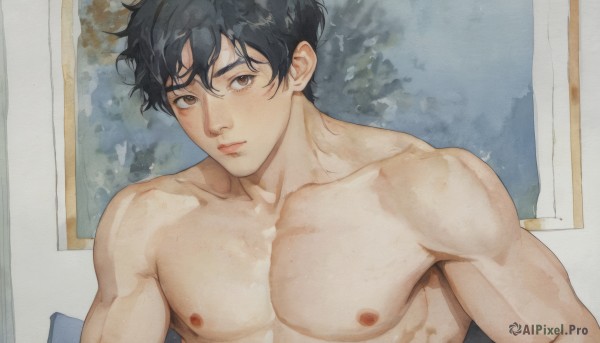 solo,looking at viewer,short hair,bangs,black hair,1boy,brown eyes,closed mouth,nipples,collarbone,upper body,male focus,indoors,lips,wet,muscular,pectorals,muscular male,bara,large pectorals,topless male,wet hair,hair between eyes,nude,expressionless,abs,realistic,painting (medium),painting (object)