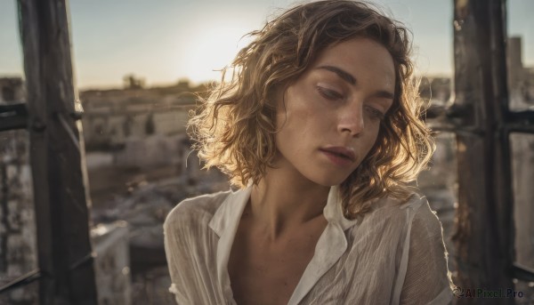 1girl,solo,long hair,brown hair,shirt,brown eyes,closed mouth,collarbone,white shirt,upper body,outdoors,parted lips,open clothes,day,striped,collared shirt,dark skin,medium hair,mole,blurry,dark-skinned female,lips,looking to the side,window,open shirt,depth of field,blurry background,wavy hair,looking away,building,messy hair,backlighting,freckles,curly hair,striped shirt,realistic,short hair,blonde hair,sunlight,wind