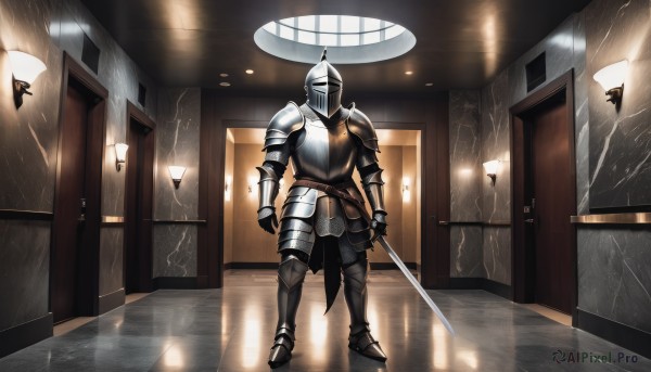 solo,holding,standing,full body,weapon,boots,sword,indoors,holding weapon,armor,window,holding sword,helmet,shoulder armor,gauntlets,facing viewer,1other,reflection,rain,pauldrons,breastplate,door,greaves,knight,full armor,ambiguous gender,hallway,ceiling light,helm,1girl,belt,clenched hand,mirror,arms at sides,glass,armored boots,faulds,crack,broken glass,plate armor,cracked wall