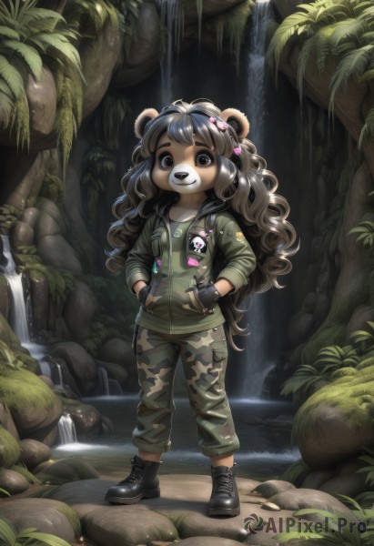 1girl,solo,long hair,looking at viewer,smile,bangs,brown hair,shirt,hair ornament,gloves,long sleeves,animal ears,brown eyes,very long hair,standing,jacket,full body,hair bow,boots,outdoors,black gloves,pants,artist name,hood,fingerless gloves,water,black footwear,military,military uniform,wavy hair,thick eyebrows,nature,furry,forest,curly hair,pocket,green jacket,hands in pockets,green shirt,furry female,camouflage,badge,bear ears,green pants,waterfall,bear,bear girl,camouflage pants,open mouth,black hair,jewelry,collarbone,open clothes,teeth,necklace,black eyes,flat chest,open jacket,tree,leaf,watermark,sunlight,grey shirt,cross-laced footwear,rock,panda