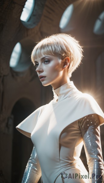 1girl,solo,breasts,short hair,bangs,blue eyes,blonde hair,dress,upper body,small breasts,parted lips,white dress,blurry,lips,bodysuit,blurry background,turtleneck,sunlight,skin tight,science fiction,realistic,nose,very short hair,long sleeves,indoors,light