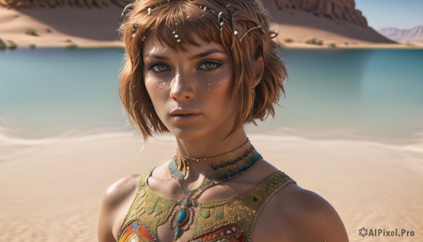 1girl,solo,looking at viewer,short hair,bangs,brown hair,hair ornament,bare shoulders,brown eyes,jewelry,upper body,earrings,outdoors,parted lips,day,artist name,necklace,blurry,lips,blurry background,ocean,beach,gem,portrait,freckles,circlet,realistic,nose,sand,desert,sky,water