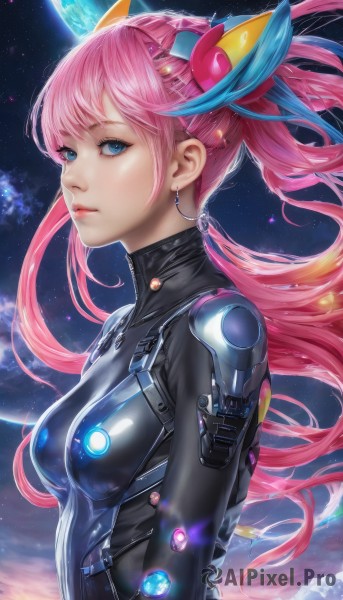 1girl,solo,long hair,breasts,looking at viewer,bangs,blue eyes,hair ornament,twintails,jewelry,medium breasts,upper body,pink hair,earrings,sky,shiny,cloud,from side,lips,bodysuit,floating hair,star (sky),skin tight,science fiction,shiny clothes,nose,black bodysuit,space,planet,very long hair,closed mouth,ponytail,multicolored hair,small breasts,artist name,signature,eyelashes,makeup,glowing,turtleneck,expressionless,moon,eyeshadow,starry sky,pilot suit,latex,mascara