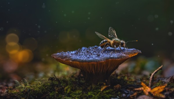 outdoors,wings,sky,blurry,tree,no humans,night,depth of field,blurry background,animal,grass,bug,plant,night sky,scenery,fantasy,antennae,mushroom,bokeh,insect wings,fireflies,solo,water,nature,light particles,realistic,animal focus