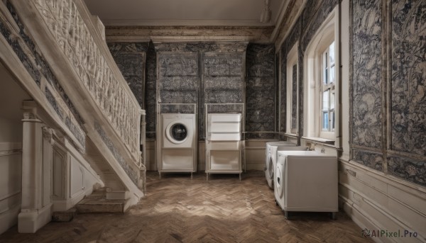 day,indoors,no humans,window,sunlight,box,scenery,wooden floor,stairs,door,hallway,carpet,rug,crate,shadow,speaker,ceiling,still life,cabinet