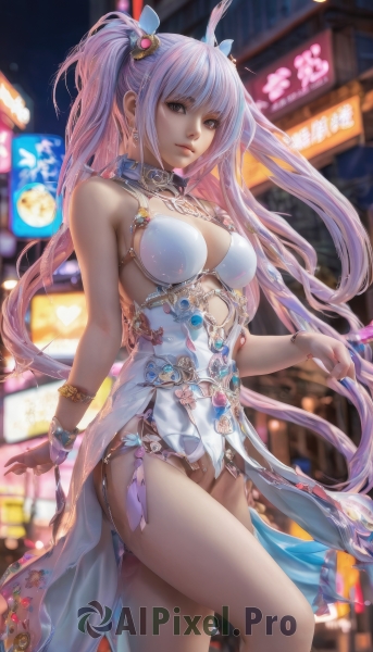 1girl,solo,long hair,breasts,looking at viewer,smile,bangs,hair ornament,dress,cleavage,bare shoulders,twintails,brown eyes,jewelry,medium breasts,closed mouth,underwear,standing,panties,pink hair,thighs,earrings,white dress,blurry,bracelet,lips,blurry background,realistic,gloves,very long hair,cowboy shot,outdoors,artist name,no panties,night,watermark,nose