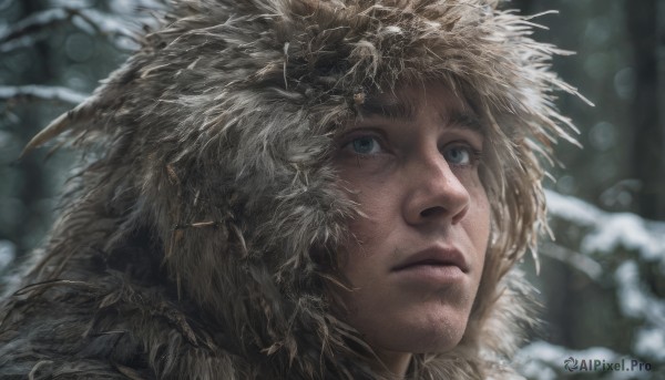 solo, blue eyes, 1boy, closed mouth, male focus, outdoors, blurry, lips, fur trim, depth of field, blurry background, portrait, nature, freckles, realistic