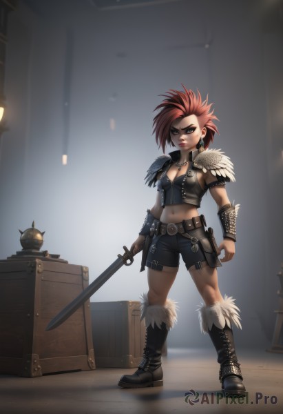 1girl,solo,breasts,looking at viewer,short hair,blue eyes,navel,holding,cleavage,jewelry,medium breasts,closed mouth,standing,full body,weapon,red hair,earrings,boots,shorts,midriff,belt,sword,indoors,necklace,black footwear,holding weapon,armor,lips,crop top,fur trim,makeup,holding sword,black shorts,piercing,abs,knee boots,lipstick,spiked hair,bike shorts,shoulder armor,toned,pauldrons,serious,muscular female,vambraces,red lips,bracer,leather,shoulder pads,fur-trimmed boots,single pauldron,fur boots,small breasts,vest,short shorts,knife,sheath,armband,eyeshadow,wide hips,asymmetrical hair,pouch,sheathed,nose,eyeliner,open vest,cropped vest