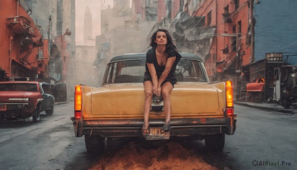 1girl,solo,long hair,breasts,looking at viewer,shirt,black hair,dress,cleavage,medium breasts,sitting,outdoors,shoes,glasses,sandals,ground vehicle,building,scenery,motor vehicle,v arms,city,realistic,car,road,vehicle focus,street,smile,closed mouth,collarbone,short sleeves,sky,shorts,day,lips,black shirt,bare legs,denim,t-shirt,between legs,hand between legs,sign,wide shot,power lines,lamppost,utility pole,on vehicle