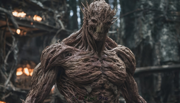 solo,looking at viewer,red eyes,1boy,upper body,male focus,outdoors,teeth,blurry,no humans,muscular,blurry background,muscular male,monster,extra eyes,alien,colored skin,sharp teeth,1other,no eyes