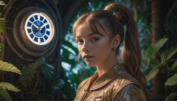 1girl,solo,long hair,looking at viewer,bangs,brown hair,hair ornament,brown eyes,jewelry,closed mouth,upper body,ponytail,earrings,blurry,lips,depth of field,blurry background,leaf,high ponytail,plant,portrait,realistic,nose,outdoors,eyelashes,sunlight,nature,clock,dappled sunlight