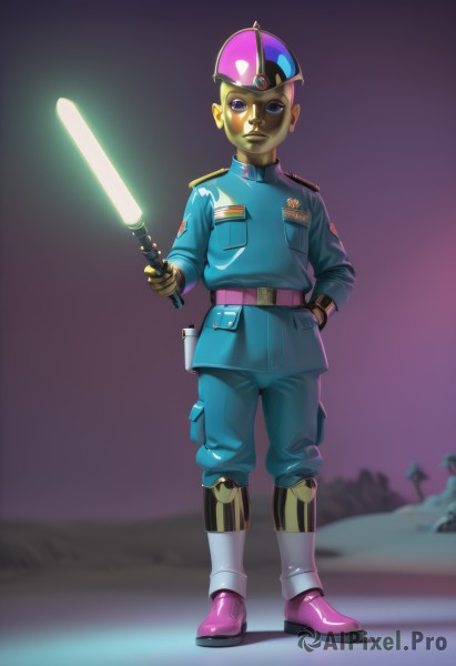 solo,looking at viewer,1boy,hat,holding,standing,purple eyes,full body,weapon,male focus,boots,belt,sword,uniform,hand on hip,military,military uniform,helmet,blue jacket,hand in pocket,energy sword,lightsaber,blue eyes,gloves,closed mouth,jacket,pants,holding weapon,black eyes,holding sword,science fiction,realistic