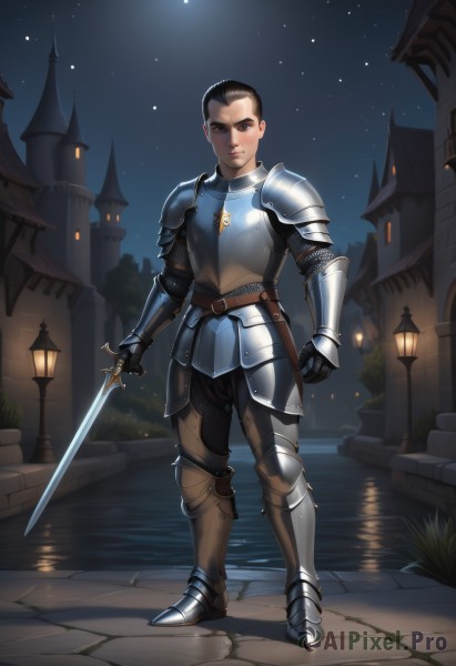 solo,looking at viewer,short hair,black hair,1boy,holding,brown eyes,standing,full body,weapon,male focus,boots,outdoors,sky,belt,sword,water,holding weapon,armor,lips,night,holding sword,moon,shoulder armor,gauntlets,star (sky),night sky,starry sky,reflection,pauldrons,breastplate,fantasy,armored boots,very short hair,greaves,faulds,castle,knight,chainmail,plate armor,brown hair,artist name,building