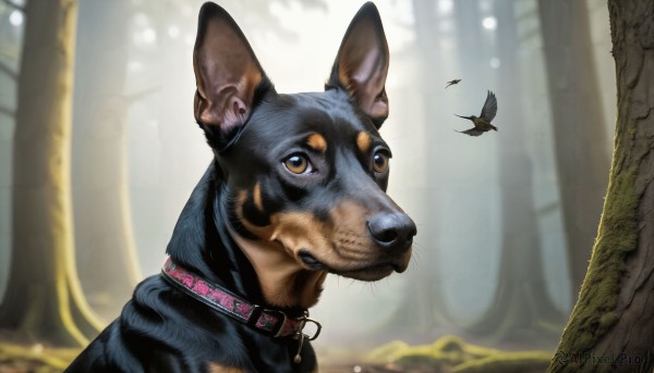 HQ,solo,looking at viewer,brown eyes,closed mouth,outdoors,day,blurry,collar,tree,no humans,depth of field,blurry background,animal,bug,butterfly,portrait,nature,forest,dog,realistic,animal focus,signature,bird,animal collar