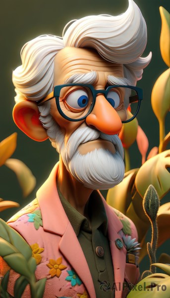 solo,looking at viewer,blue eyes,shirt,1boy,closed mouth,jacket,upper body,flower,white hair,male focus,open clothes,glasses,collared shirt,signature,black shirt,buttons,facial hair,leaf,floral print,thick eyebrows,plant,wing collar,beard,black-framed eyewear,yellow flower,mustache,pink jacket,print shirt,old,old man,hawaiian shirt,wrinkled skin,simple background,teeth,artist name,blurry,vest,open jacket,dress shirt,depth of field,portrait,backlighting,pink shirt,brown jacket,green jacket,round eyewear,green shirt