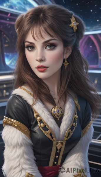 1girl,solo,long hair,breasts,looking at viewer,bangs,brown hair,hair ornament,brown eyes,jewelry,upper body,earrings,parted lips,necklace,hair bun,blurry,lips,sash,fur trim,eyelashes,double bun,makeup,blurry background,lipstick,freckles,realistic,nose,red lips,blush,dress,teeth,artist name,gem