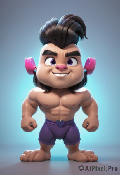 solo,looking at viewer,smile,simple background,brown hair,black hair,1boy,jewelry,underwear,nipples,standing,purple eyes,full body,male focus,heart,earrings,barefoot,teeth,chibi,grin,muscular,blue background,abs,thick eyebrows,pectorals,muscular male,furry,clenched hands,topless male,furry male,male child,male underwear,buck teeth,long hair,animal ears,collarbone,shorts,artist name,dark skin,necklace,v-shaped eyebrows,gradient,gradient background,watermark,happy,claws,animal nose,brown fur,mohawk