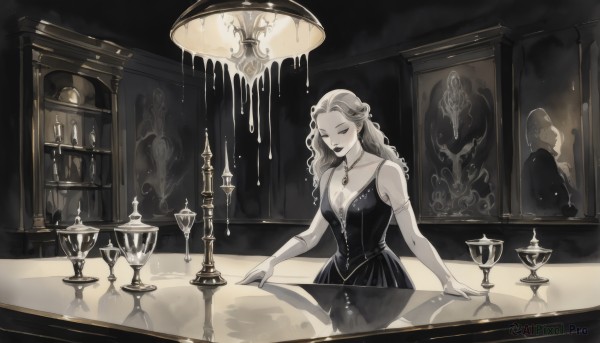 1girl,solo,long hair,breasts,gloves,dress,cleavage,bare shoulders,jewelry,medium breasts,closed mouth,collarbone,monochrome,closed eyes,braid,sleeveless,solo focus,elbow gloves,indoors,necklace,black dress,cup,window,makeup,sleeveless dress,table,armlet,drinking glass,reflection,mirror,glass,candle,wine glass,statue,pouring,painting (object),candlestand,chandelier,candlelight,multiple girls,2girls,greyscale,earrings,looking down,lipstick,half updo,different reflection