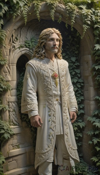 solo,long hair,blonde hair,brown hair,shirt,long sleeves,1boy,brown eyes,closed mouth,standing,white shirt,flower,male focus,outdoors,belt,pants,coat,feet out of frame,facial hair,leaf,plant,beard,robe,realistic,white pants,arms at sides,vines,pillar,arch,column,ivy,jewelry,watermark,looking up,curly hair,mustache