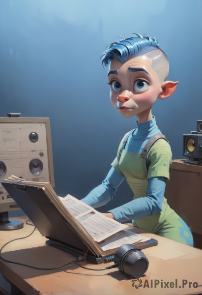 1girl,solo,breasts,looking at viewer,short hair,blue eyes,shirt,long sleeves,dress,sitting,blue hair,small breasts,pointy ears,lips,microphone,desk,freckles,nose,overalls,computer,layered sleeves,short over long sleeves,buck teeth,blush,1boy,male focus,male child,mohawk