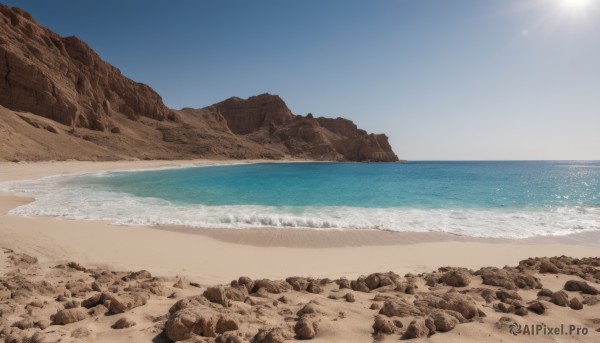 outdoors,sky,day,water,blue sky,no humans,ocean,beach,scenery,rock,sand,horizon,waves,shore,desert,cloud,sunlight,mountain,sun